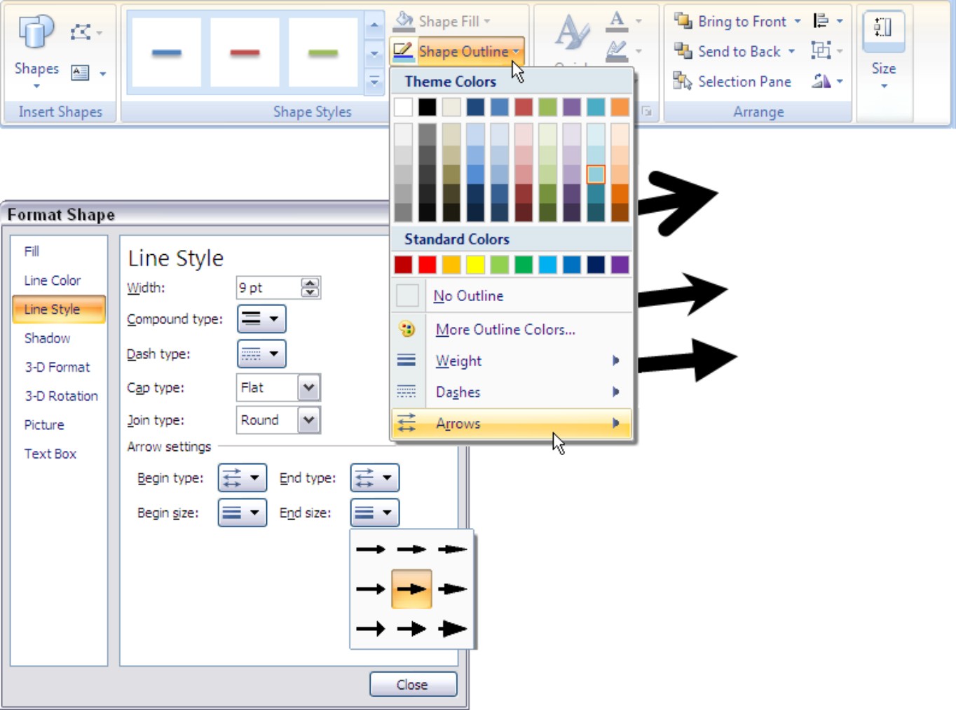 Figure 1-5: Select an arrowhead on the Arrows submenu or the Format Shape dialog box.